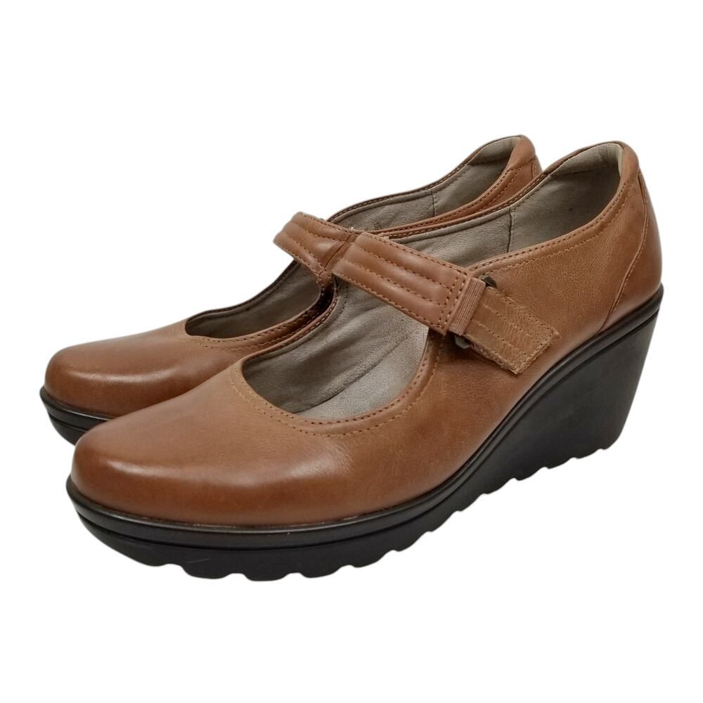 Naturalizer Women's Wide Width Cognac Brown Leather Mary Jane Wedge Shoes 9.5W